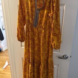 Mustard Floral Tiered Maxi Dress with Embroidered Placket